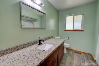Main floor full bathroom with updated vanity offering extended counter space and flooring. Frosted window next to toilet.