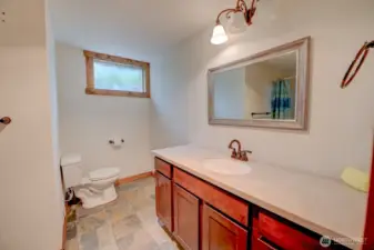 Lower level 3/4 bathroom with updated vanity. Plenty of counter space and vanity storage capacity.