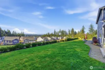 The lush grass area provides a beautiful, open space for play, relaxation, or outdoor gatherings. Its well-maintained greenery adds a fresh, inviting feel to the yard.