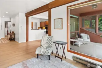 Kitchen and dining area share the view.