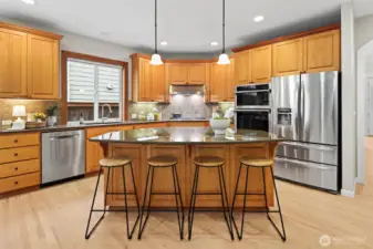 Large granite island, updated appliances - gas Thermador cooktop and convection oven/microwave. Refinished hardwoods & paint/carpet throughout.