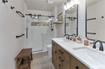 Renovated main bath with custom tile and fixtures