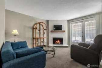 Cozy Living room with French glass doors that lead to patio and pool. New electric fireplace.