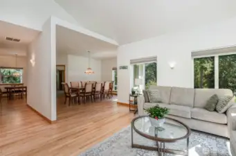 From the living room this angle showcases the flow from the living room, to the dining room.