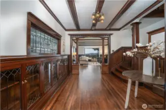 This grand foyer view is from the Library.