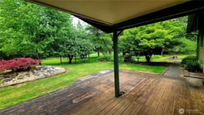 View from covered deck of the rear yard