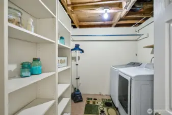 Lower Level Laundry~Washer & Dryer stay with the Home~Shelving as Well~Hot Water Tank is Located here~Roomy Enough for a Stand up Freezer~
