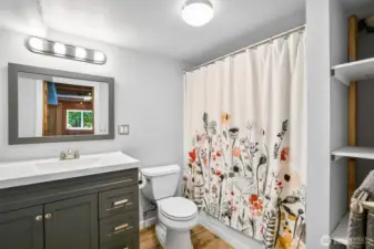 Lower Level Full Bath~Elevated Vanity~Open Shelf Storage~