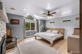 Primary Bedroom with Ceiling Fan and Fire Place