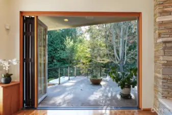 Out to the patio through this 8'tall x 10' wide Nana window wall.  To the left is a hot tub.