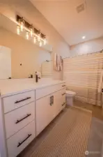The guest bath has a large vanity with plenty of storage.
