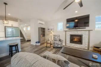 Seal Pup Cottage offers many upgrades. For example, the propane gas fireplace includes an internal heat distributing fan and the 65” TV with sound bar and subwoofer includes a wall mount which lowers the TV to viewing level.
