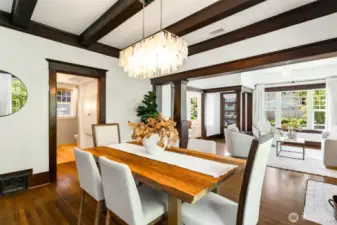 The dining room with its beautiful beamed ceilings.