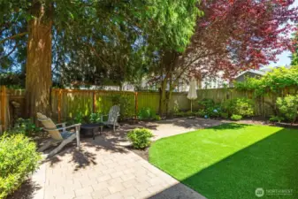 The back yard features a turf lawn- always green and perfect- and professional landscaping.