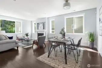 Dining area melds into living space for an open space floor plan.
