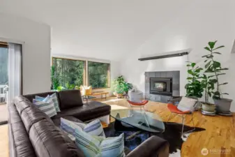 Living room has lots of windows to let light in.