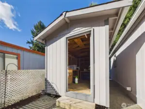 Storage shed on pavement