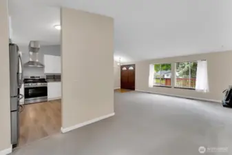 Kitchen, dining and living room.