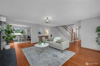 Living room view towards dining space.