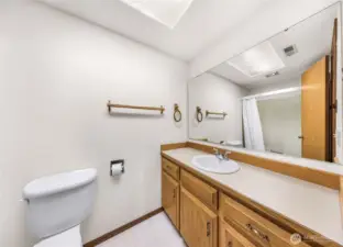 Another angle of the lower-level bathroom reveals a toilet and shower/tub combination, offering full amenities in this secondary suite-style bath.