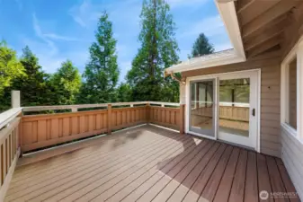Upper deck offers views of evergreens and plenty of space for seating, grilling, or relaxing outdoors. Accessed from the living space via sliding glass doors.