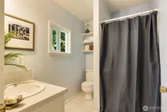 Sink, W/C and shower in this compact bath off the primary bedroom.