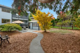 backyard, addition she-shed on left.