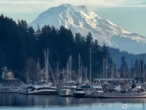 Gig Harbor waterfront with Mount Rainier in the distance—one of the area’s most recognizable views.