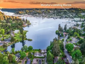 Aerial view of Gig Harbor facing south with Murphy’s Landing Marina highlighted in the northwest corner—ideally located between Finholm and downtown.