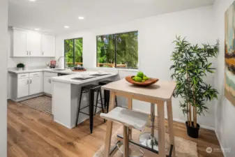 The kitchen nook and counter space.