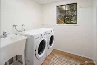 The lower level Laundry room Features a new utility sink, new washer and dryer with a view to the back yard.