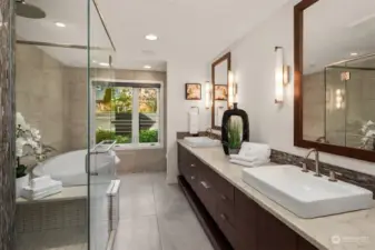 A luxurious primary bathroom reminiscent of a Four Season's spa!