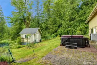 Separate tool shed with water or convert into a chicken coop. Hot tub remains!