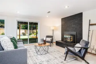 Downstairs living area with gas fireplace and slider to backyard. Open the slider and listen to the waterfall outside!