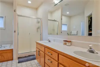 Primary bathroom with shower and jetted tub
