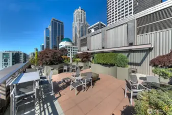 Multiple outdoor dining and entertaining options on the rooftop deck.