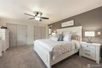 Double closets here (with a third in the bathroom), ceiling fan for perfect air flow, and cushy carpet underfoot.