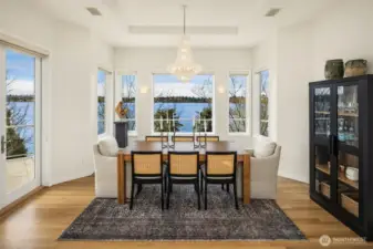 Grand-scale entertaining defined by panoramic vistas, a designer chandelier, and seamless access to the entertainment deck.