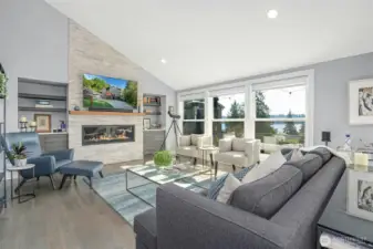 Light-filled living room with electronic & programmable window shades!