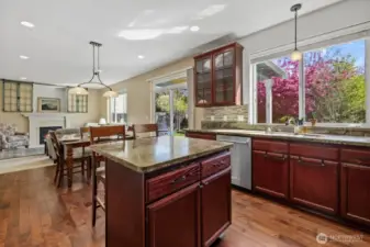 View of open concept kitchen/dining/family room, backyard sliding door just off of dining room