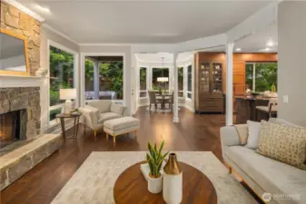Open concept kitchen and family room area.