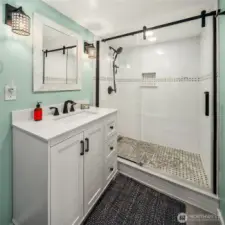 Lower level bathroom with walk-in shower.