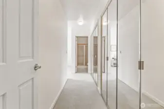 Wall of closets in primary bedroom