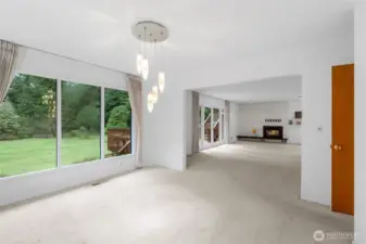 Dining room looking into the living room, unstaged.