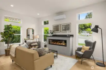 Living room. LED fireplace provided heat and or ambiance..