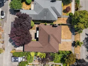 Aerial photo showing street & alley access (detached garage covered by tree)