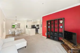 Great room with living room, (virtually staged) dining room and kitchen
