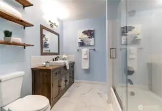 Updated bath with rustic vanity