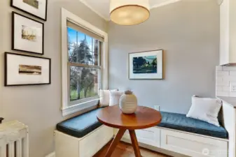 The eat-in kitchen booth with added storage under the benches make a great way to hang out while someone else does the cooking.