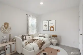 Bedroom for guests and children. Photo is representational. Actual home is under construction. Colors, materials, and features may vary. See site agent for details.